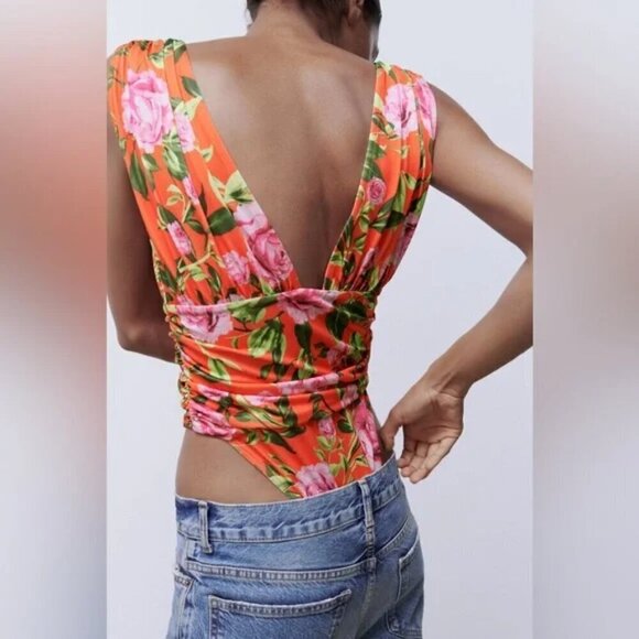 NWT Zara Tropical Floral Draped Thong Bodysuit - Picture 2 of 8